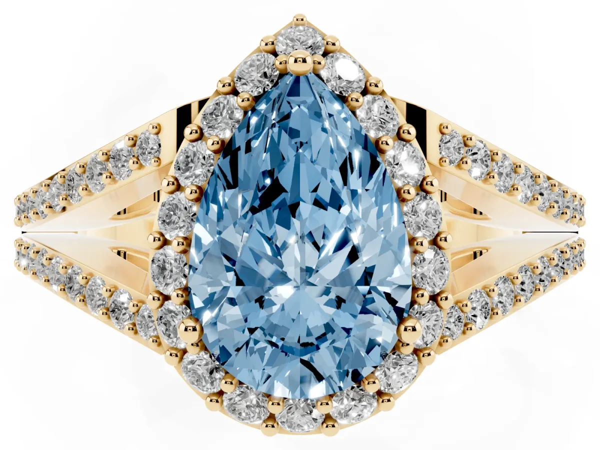 Fancy Blue Pear Cut Halo Split Shank Pave Diamond Ring with Four-Prong Setting Yellow gold