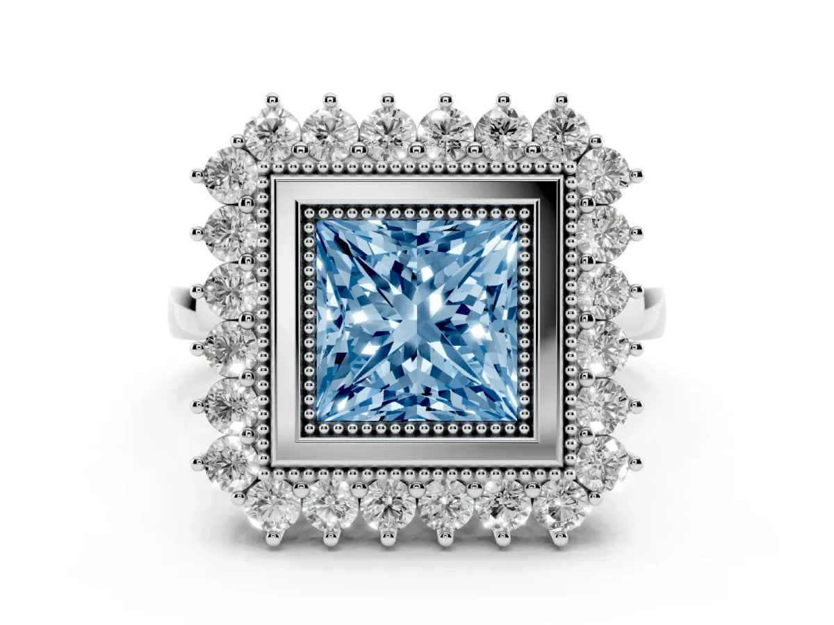 Fancy Blue Princess Cut Halo Diamond Ring with Milgrain Edge and Round Prong Setting Silver