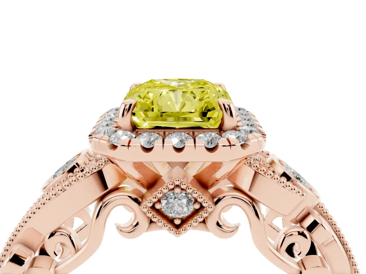 Fancy Yellow Radiant Cut Halo Diamond Ring with Milgrain and Bezel Accents on a Split Shank Band Rose gold