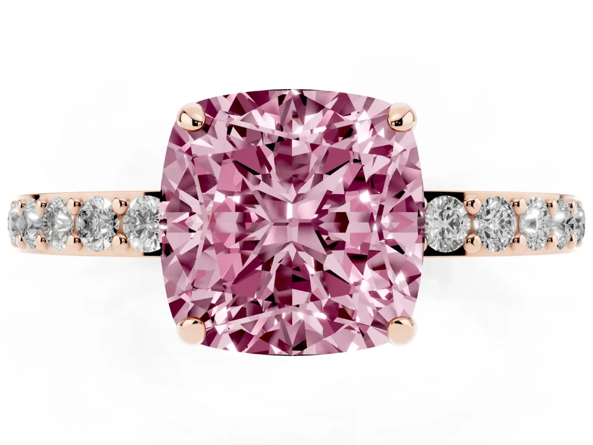 Fancy Pink Cushion Cut Diamond Solitaire Engagement Ring with Pavé Band and Four-Prong Setting Rose gold