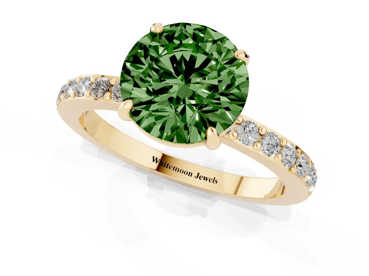 Fancy Green Round Cut Diamond Pavé Engagement Ring with Round Accents and Prong Setting Yellow gold
