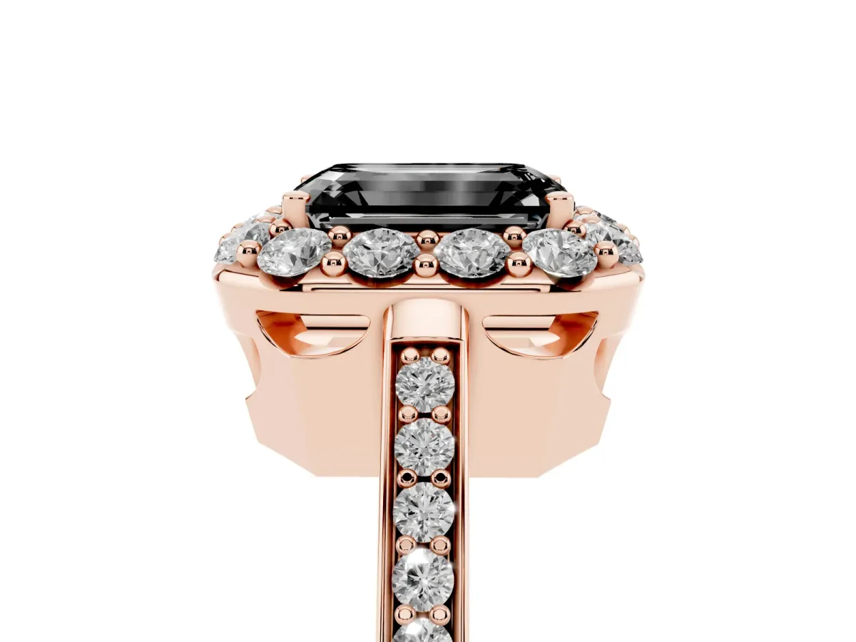 Fancy Black Emerald Cut Diamond Floral Halo Ring with Pavé Band and Prong Setting Rose gold