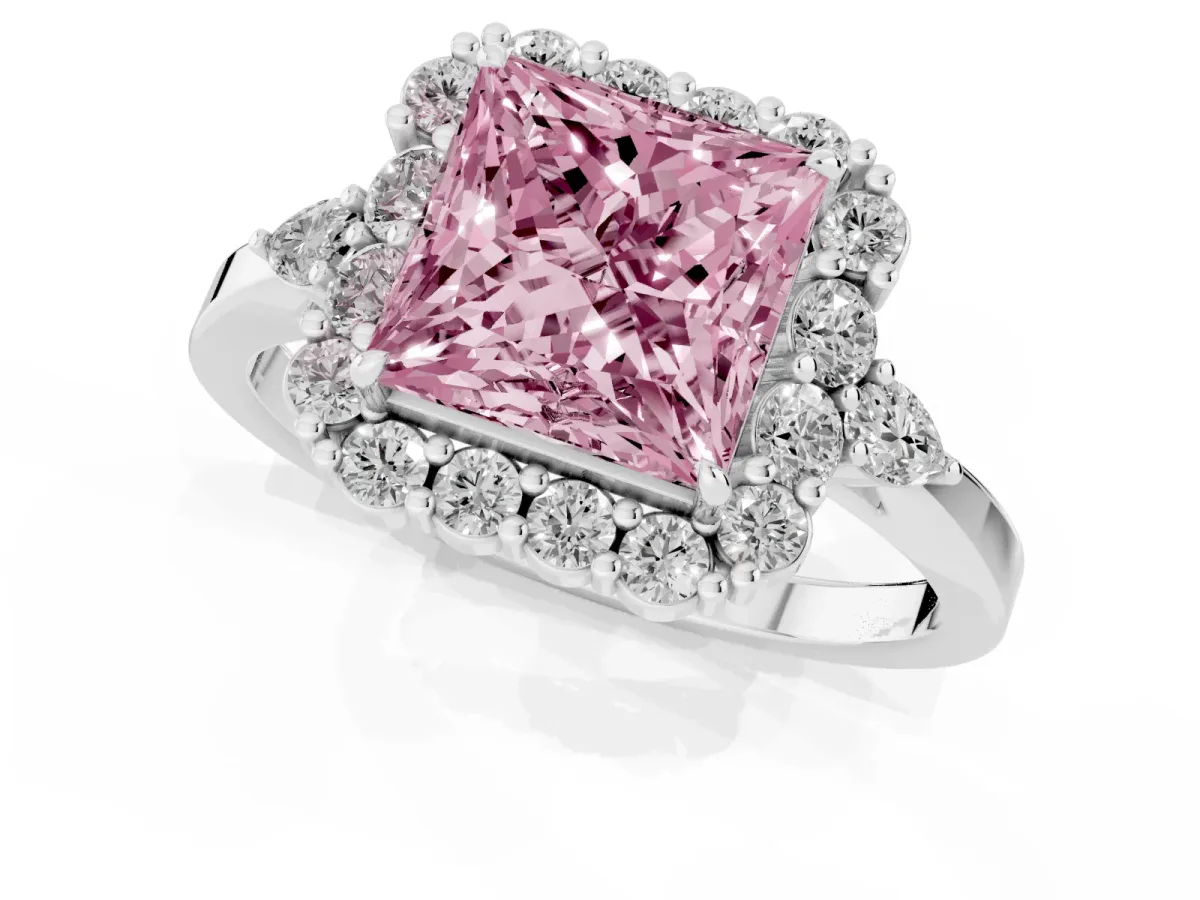 Fancy Pink Princess Cut Diamond Halo Ring with Pear Side Stones and Prong Setting Silver