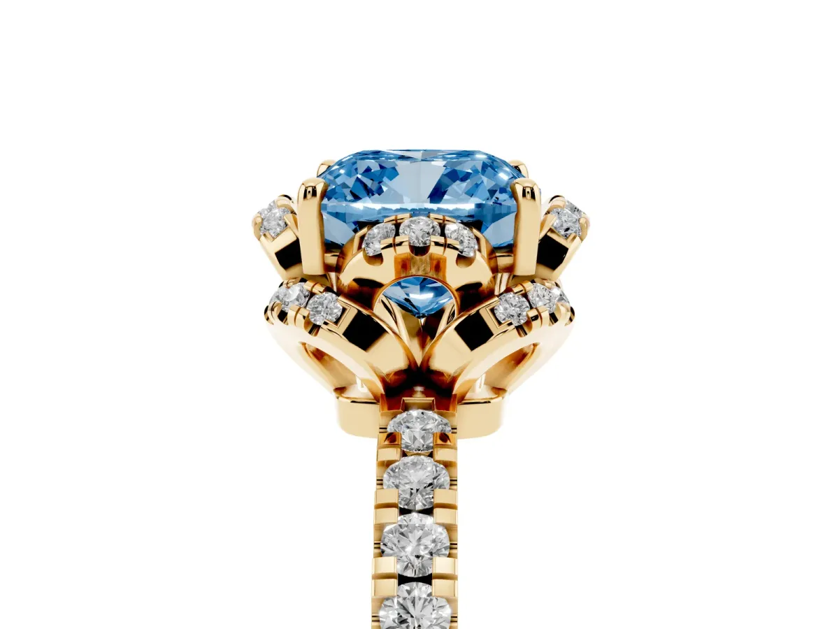 Fancy Blue Cushion Cut Halo Diamond Pave Band Ring with Four-Prong Setting Yellow gold