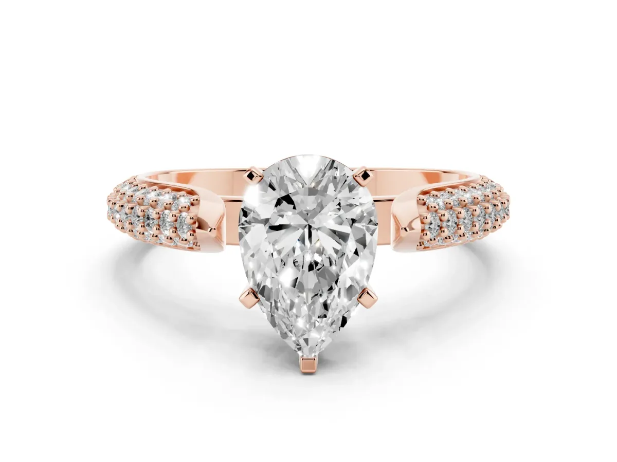Pear Cut Diamond Solitaire Engagement Ring with Multi-Row Round Pavé Band and Prong Setting Rose gold