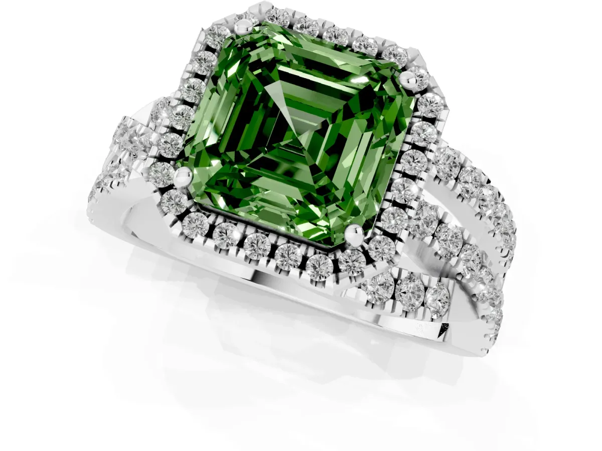 Fancy Green Asscher Cut Diamond Halo Ring with Round Split Shank and Prong Setting Silver