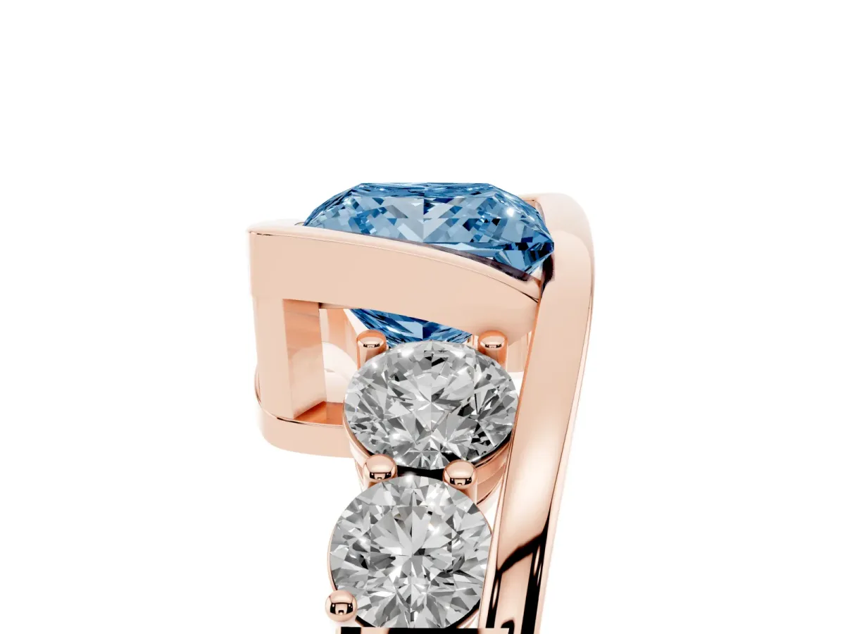 Fancy Blue Bezel Set Princess Cut Diamond Bypass Ring with Round Accents Rose gold