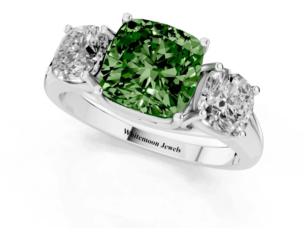 Fancy Green Three-Stone Cushion Cut Diamond Engagement Ring with Prong Setting White gold