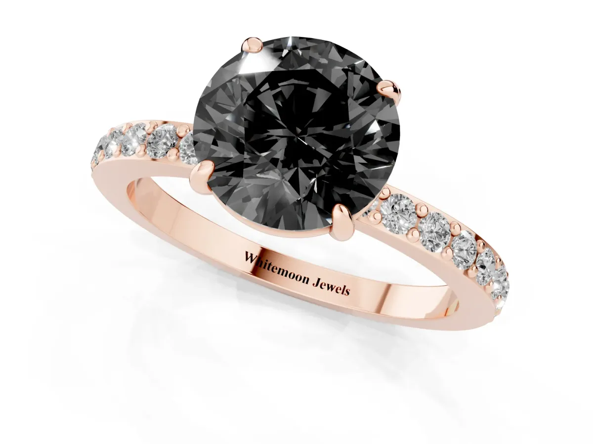 Fancy Black Round Cut Diamond Pavé Engagement Ring with Round Accents and Prong Setting Rose gold