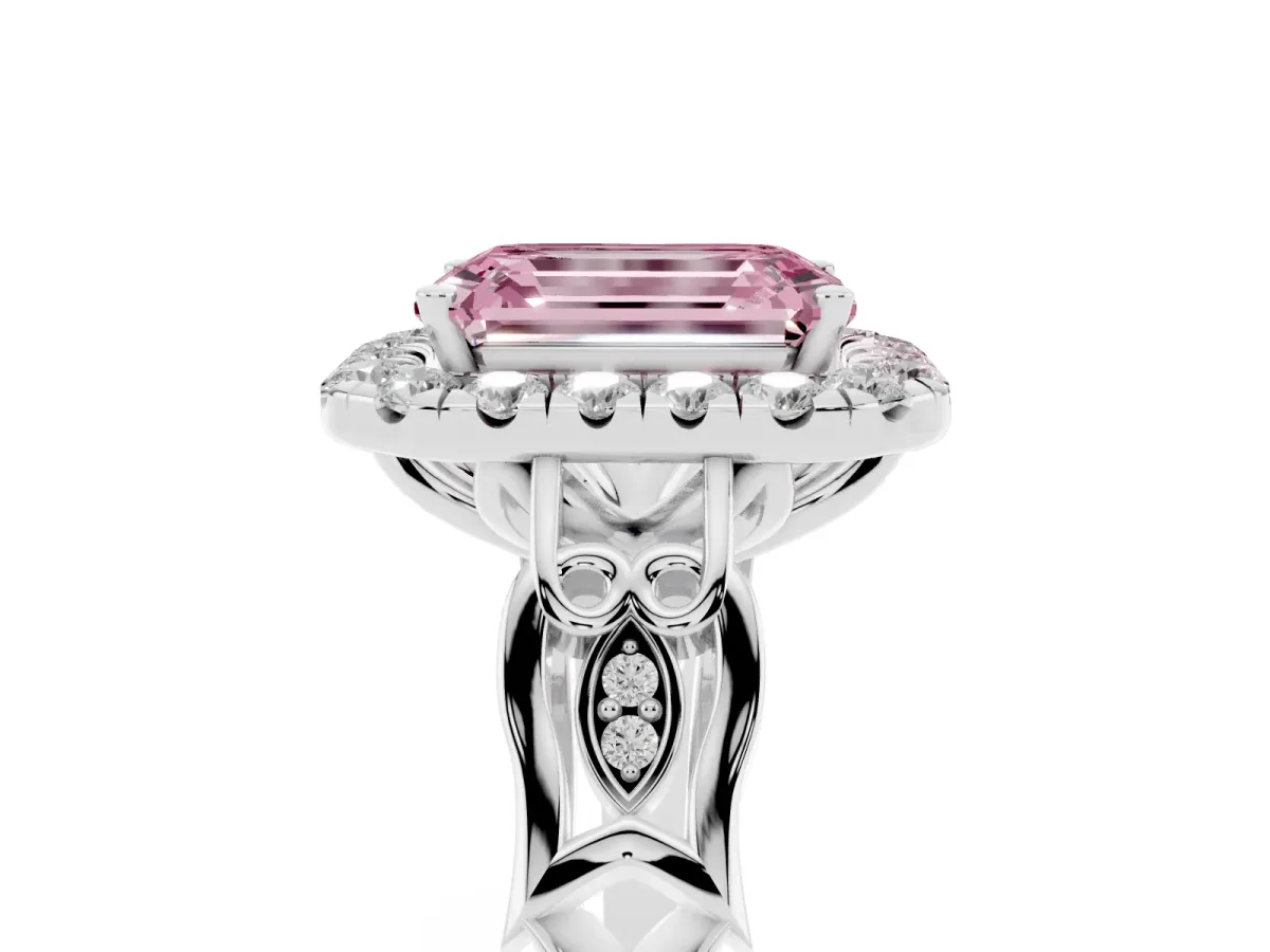 Fancy Pink Emerald Cut Halo Diamond Engagement Ring with Filigree Band and Four-Prong Setting Platinum