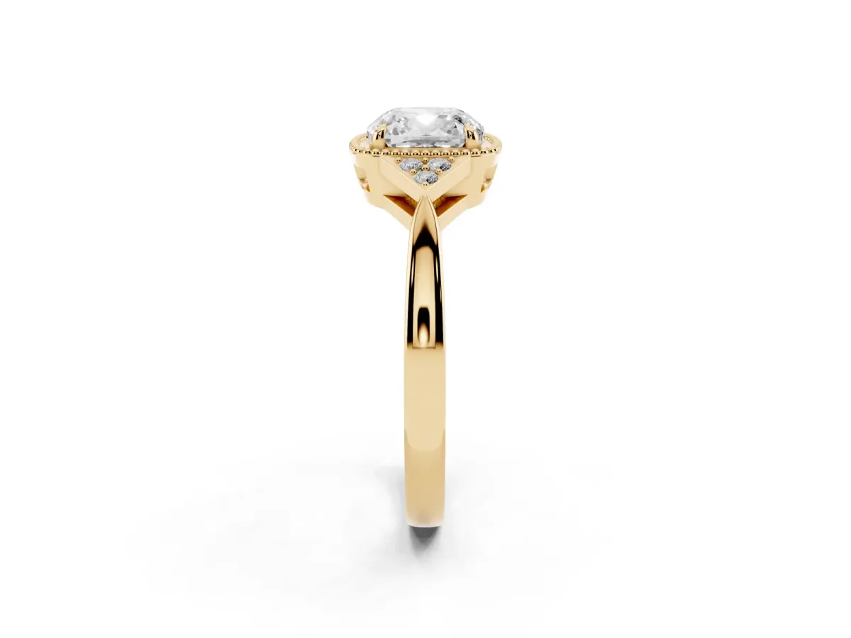 Cushion Cut Diamond Halo Ring with Tapered Band and Four-Prong Setting Yellow gold