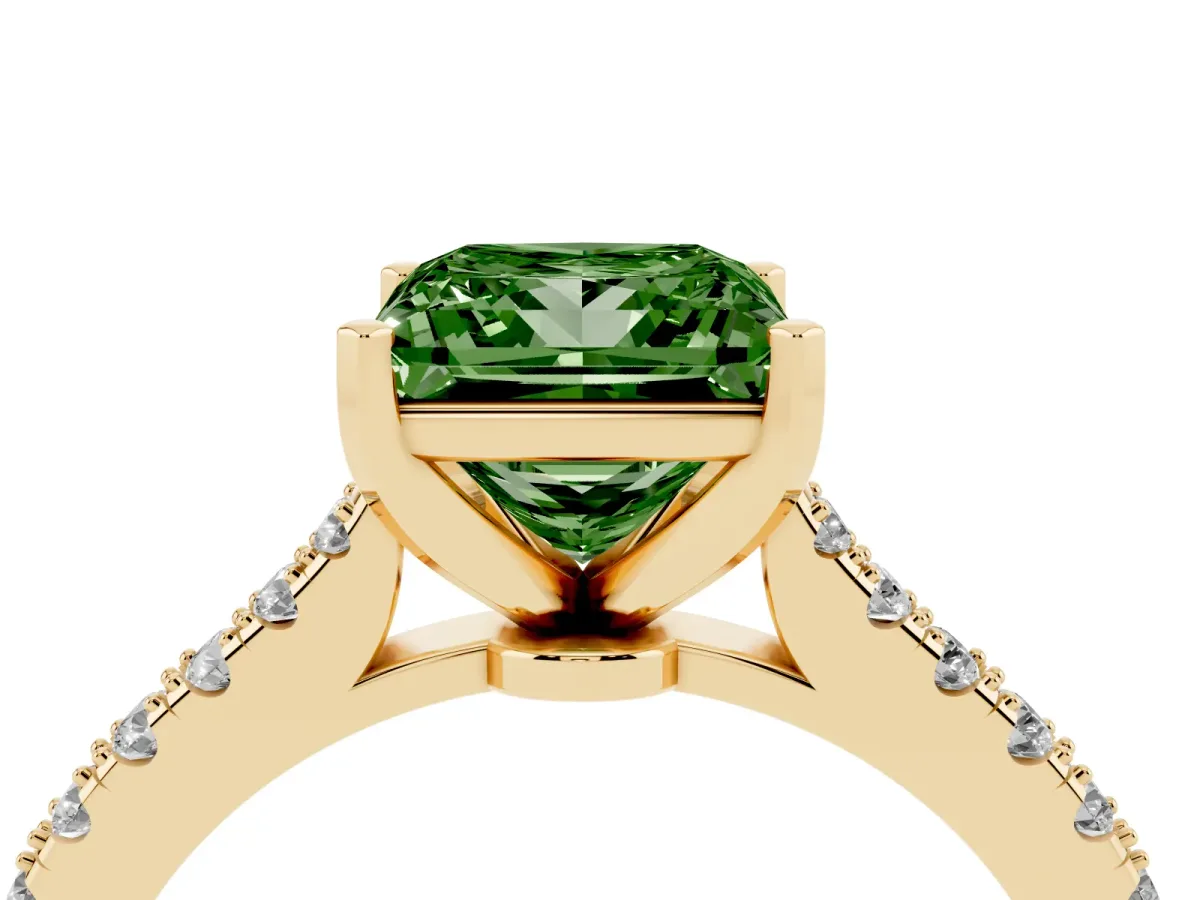Fancy Green Princess Cut Cut Solitaire Diamond Engagement Ring with Pave Band and Four-Prong Setting Yellow gold