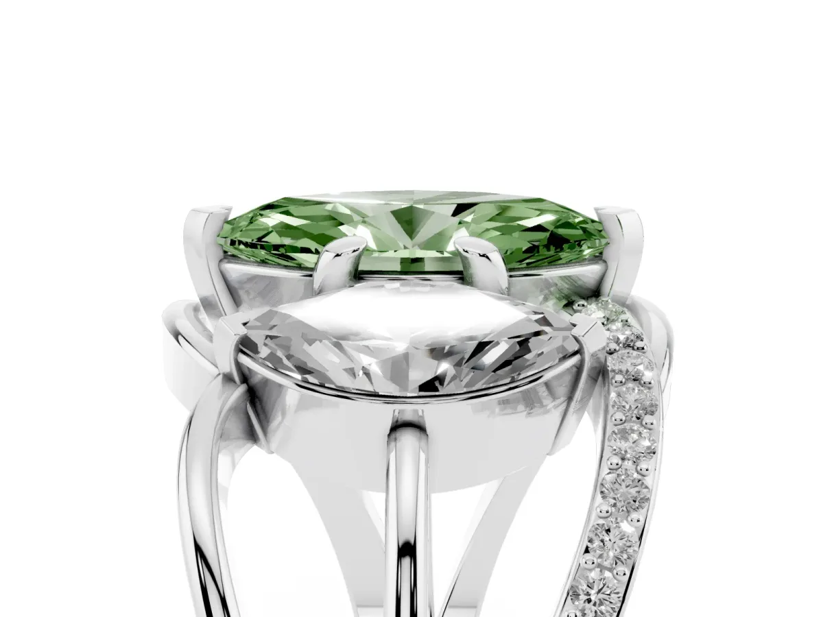 Fancy Green Three-Stone Marquise Cut Cut Diamond Split Shank Prong Set Ring Silver