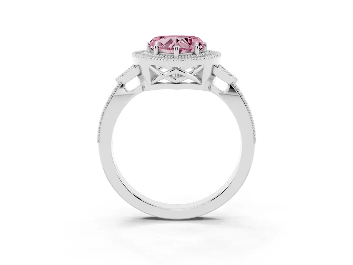 Fancy Pink Heart Cut Halo Round Diamond Milgrain Pave Engagement Ring Silver