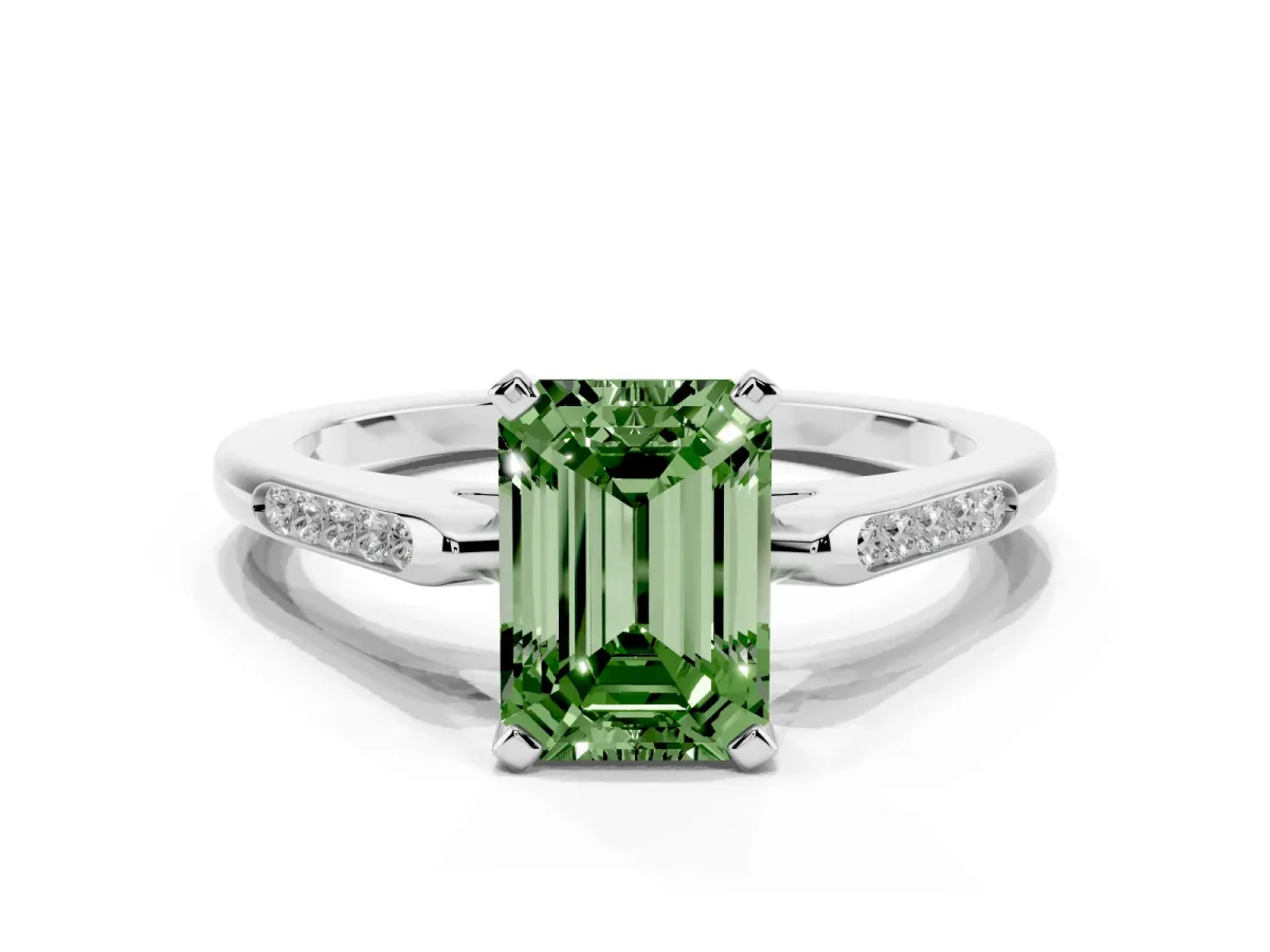 Fancy Green Emerald Cut Diamond Solitaire Ring with Channel Set Round Band and Prong Setting Silver
