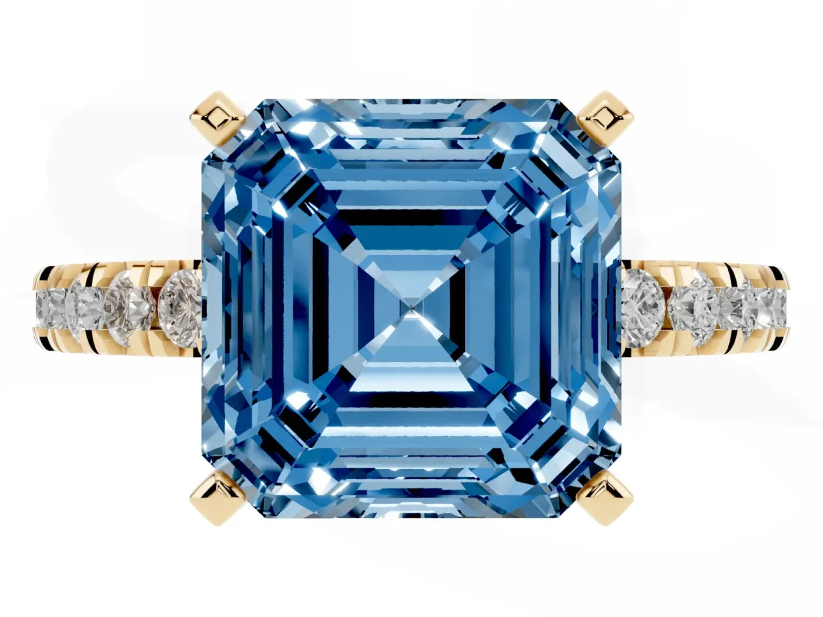 Fancy Blue Asscher Cut Diamond Pavé Band Solitaire with Four-Prong Setting Yellow gold