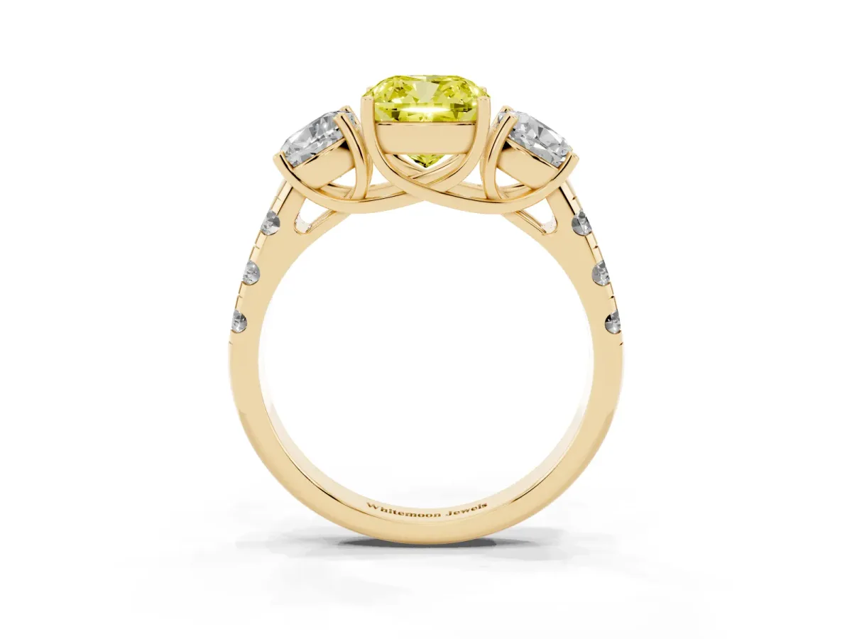 Fancy Yellow Three-Stone Cushion Cut Diamond Pavé Band with Prong Setting Yellow gold