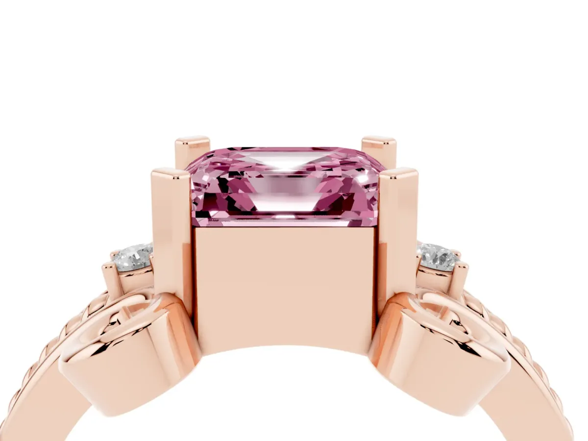Fancy Pink Asscher Cut Solitaire Twisted Band Scroll Prong Ring Rose gold