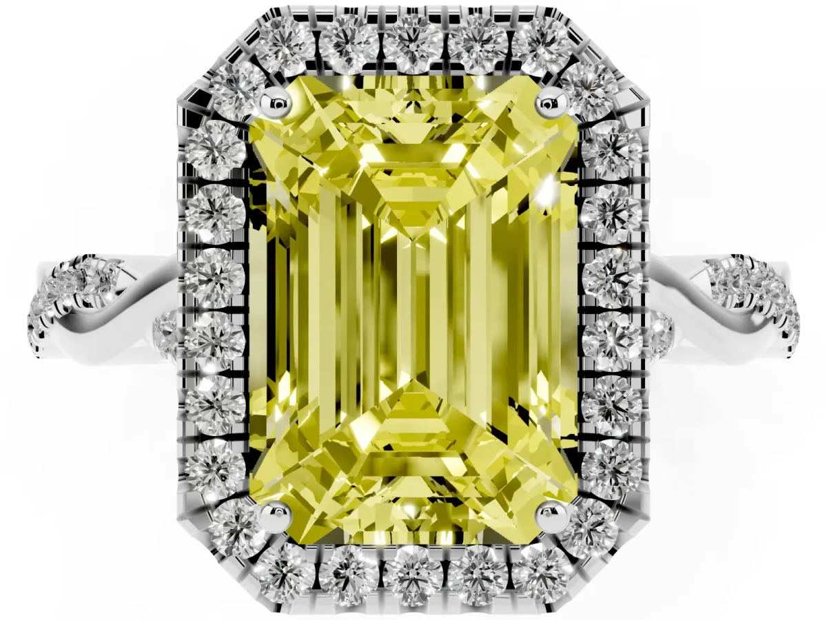 Fancy Yellow Emerald Cut Halo Twist Band Solitaire Ring Silver