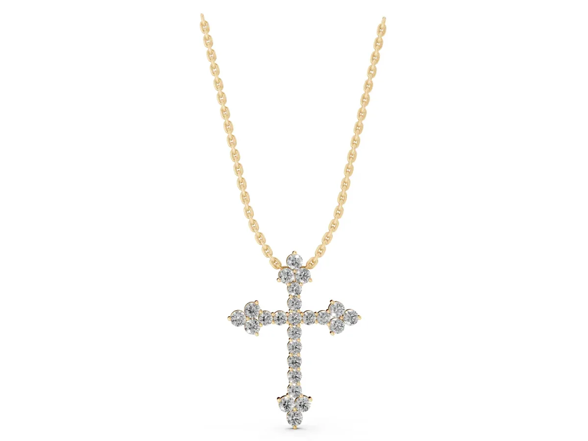 Round Diamond Cluster Cross Pendant with Prong Setting Yellow gold