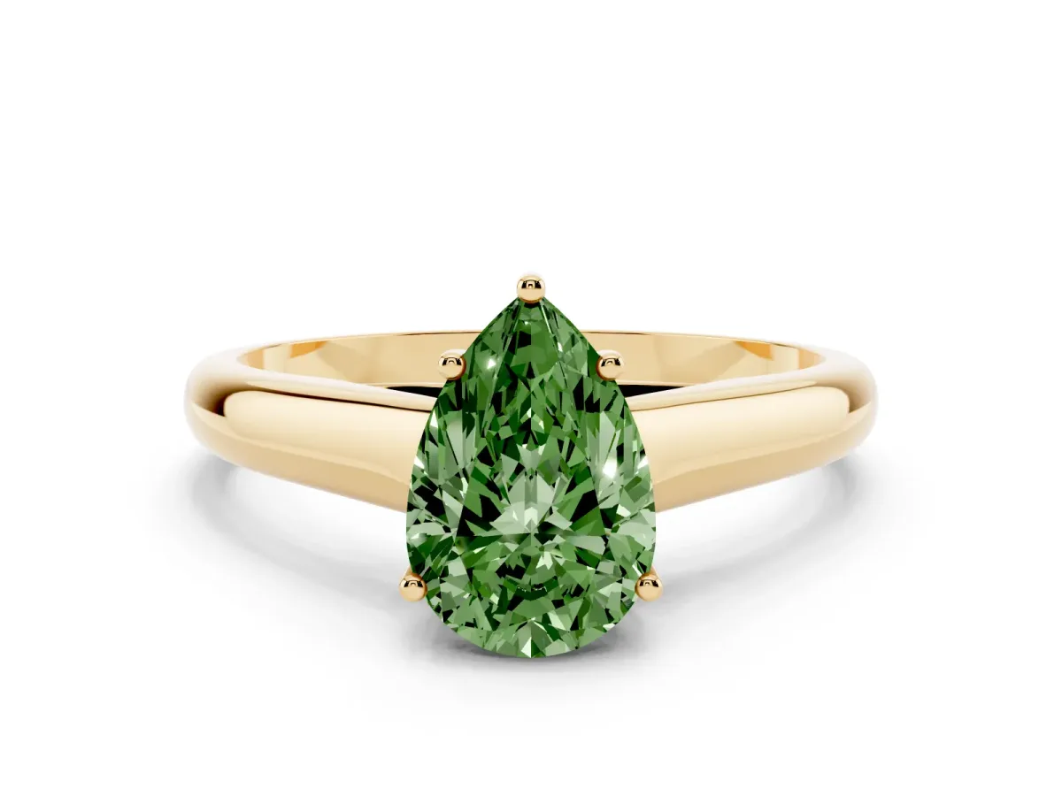 Fancy Green Pear Cut Solitaire Engagement Ring with Tapered Band and Four-Prong Setting Yellow gold