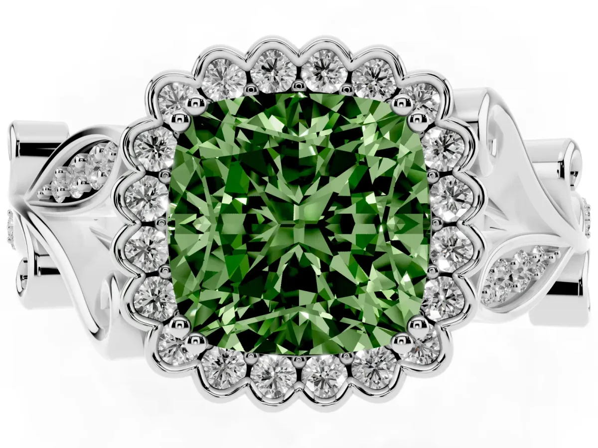 Fancy Green Cushion Cut Diamond Halo Ring with Vintage Split Shank and Four-Prong Setting Silver