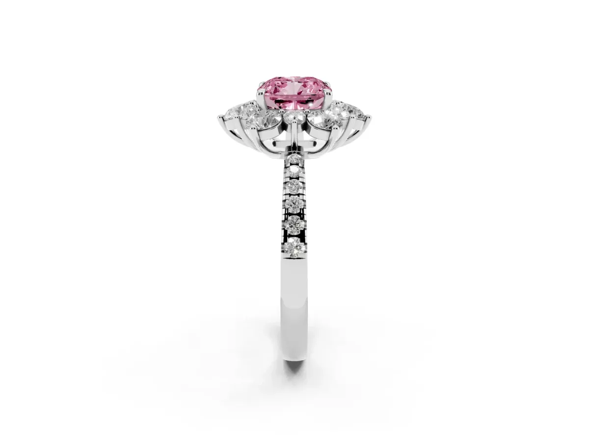 Fancy Pink Cushion Cut Diamond Floral Halo Ring with Round Pavé Band and Prong Setting Silver
