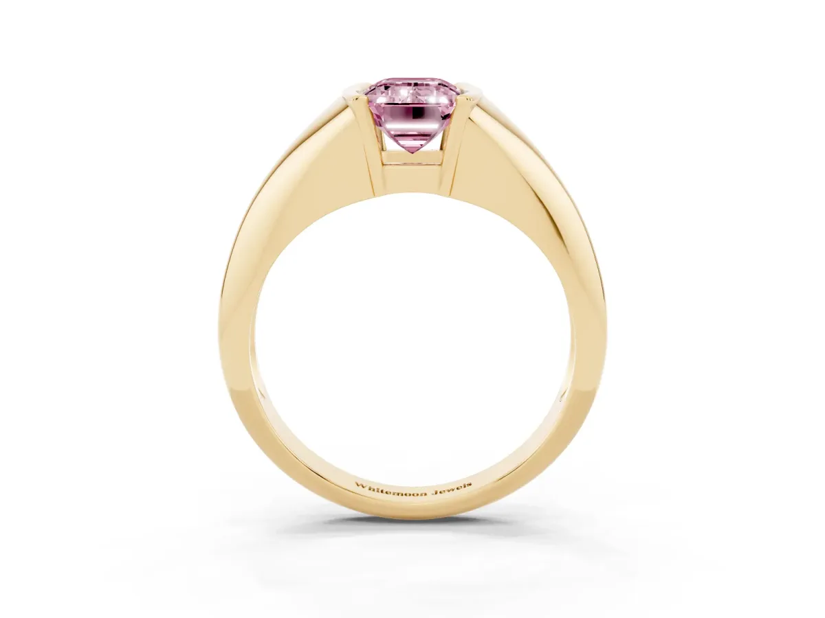 Fancy Pink Emerald Cut Solitaire Tension Set Diamond Ring Yellow gold