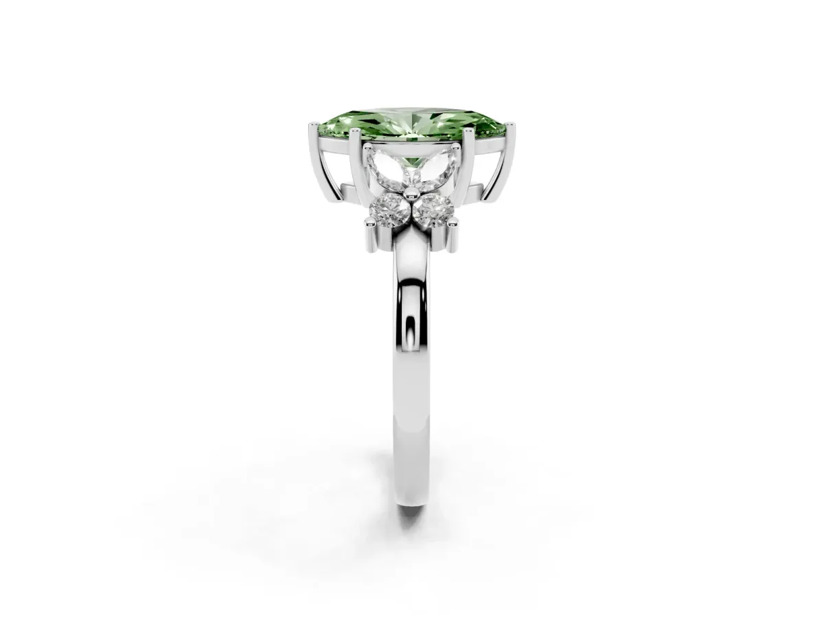 Fancy Green Marquise Cut Diamond Floral Cluster Ring with Solitaire Band and Prong Setting Platinum