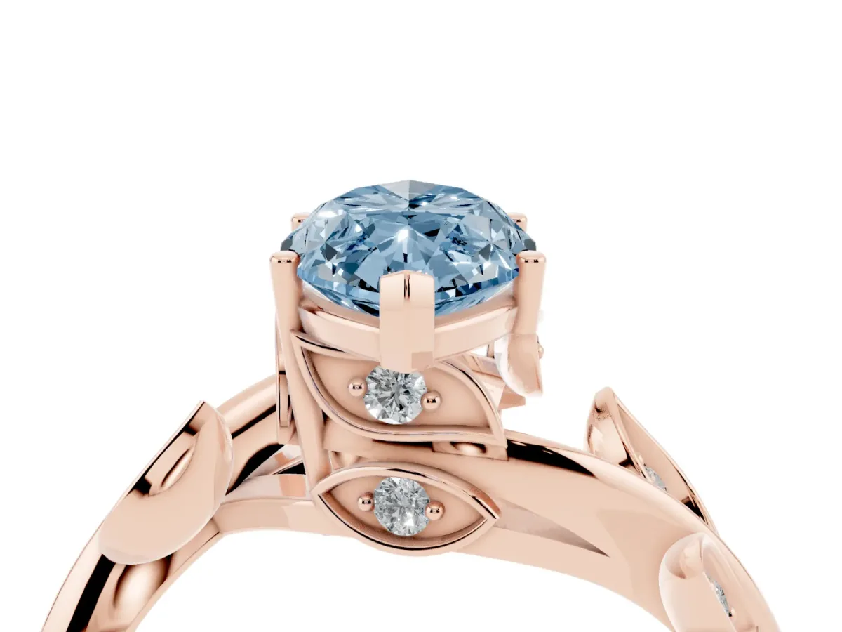 Fancy Blue Marquise Cut Solitaire Twist Engagement Ring with Leaf Accents and Prong Setting Rose gold