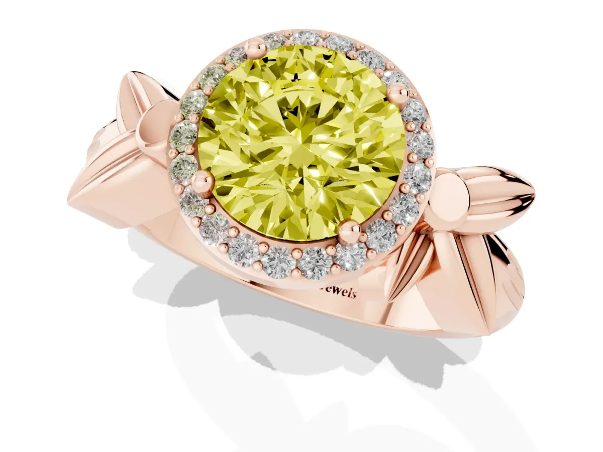 Fancy Yellow Round Cut Halo Diamond Floral Band with Four-Prong Setting Rose gold