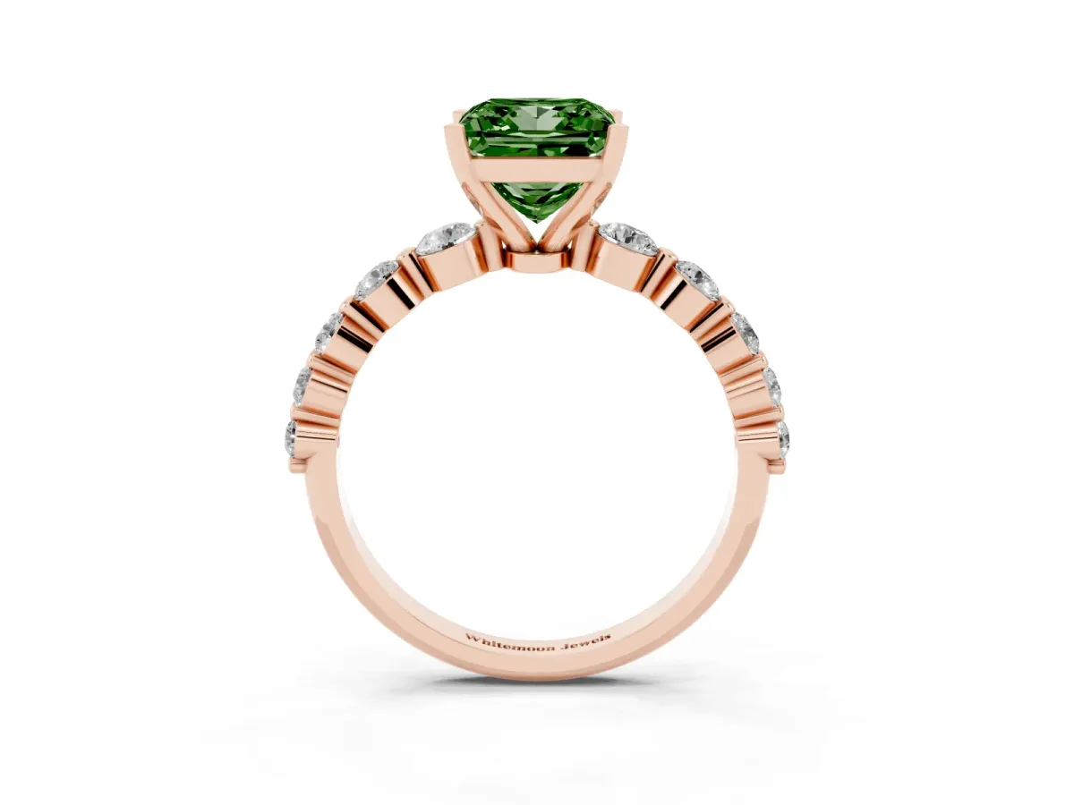 Fancy Green Princess Cut Solitaire Diamond Ring with Pave Band and Four-Prong Setting Rose gold