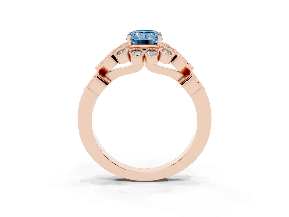 Fancy Blue Emerald Cut Brilliant Milgrain Pave Heart Band Solitaire Ring Rose gold