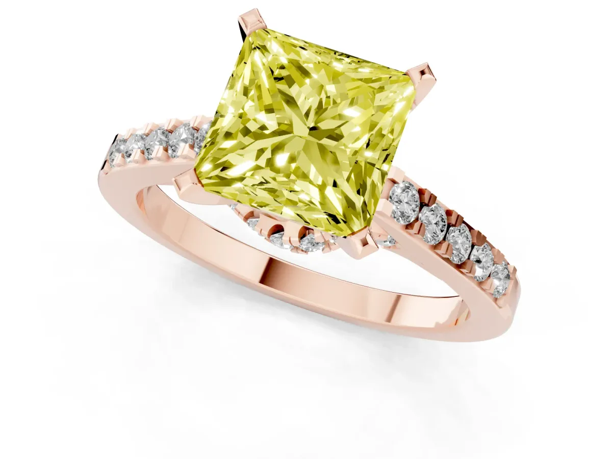 Fancy Yellow Princess Cut Diamond Solitaire Ring with Crossover Gallery and Round Pavé Band Rose gold