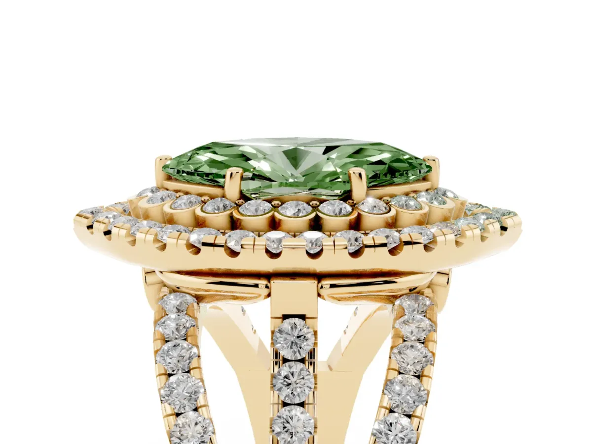 Fancy Green Marquise Cut Diamond Double Halo Ring with Round Pavé Split Shank and Prong Setting Yellow gold