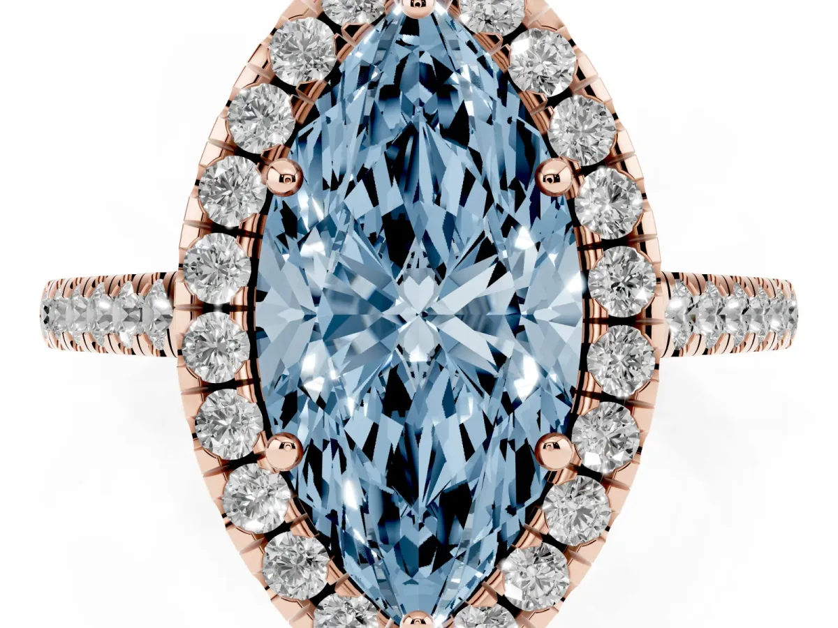 Fancy Blue Marquise Cut Halo Pavé Diamond Engagement Ring with Four-Prong Setting Rose gold