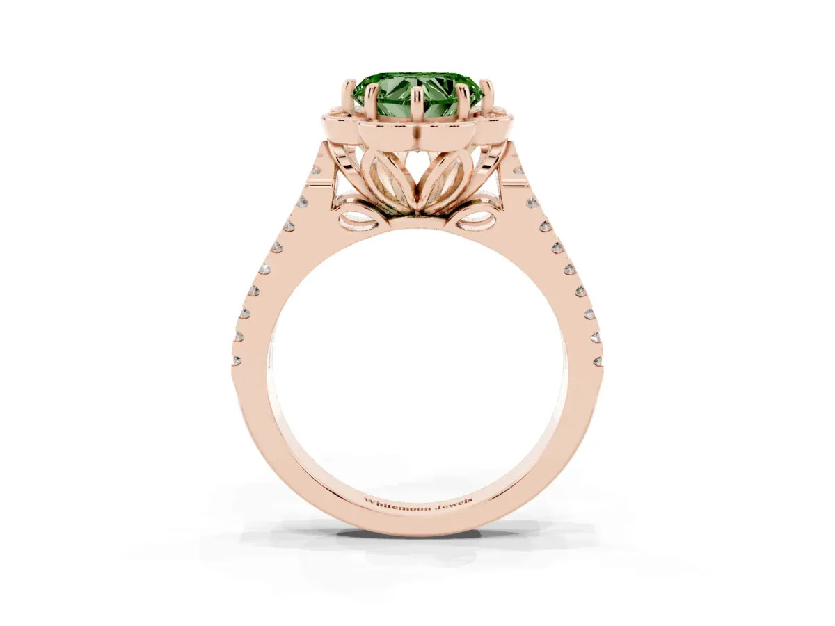 Fancy Green Heart Cut Halo Diamond Floral Split Shank Engagement Ring Rose gold