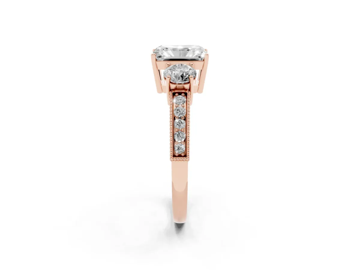 Radiant Cut Three-Stone Diamond Ring with Pavé Band and Four-Prong Setting Rose gold