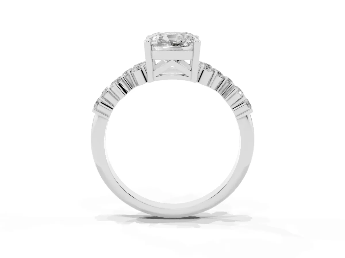 Cushion Cut Diamond Scattered Round Accent Ring with Prong Setting Silver