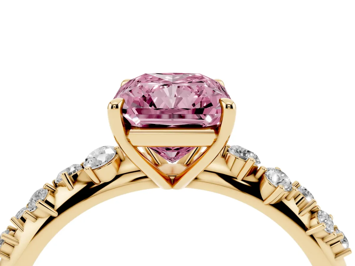 Fancy Pink Radiant Cut Diamond Cluster Side Stone Solitaire Ring with Prong Setting Yellow gold