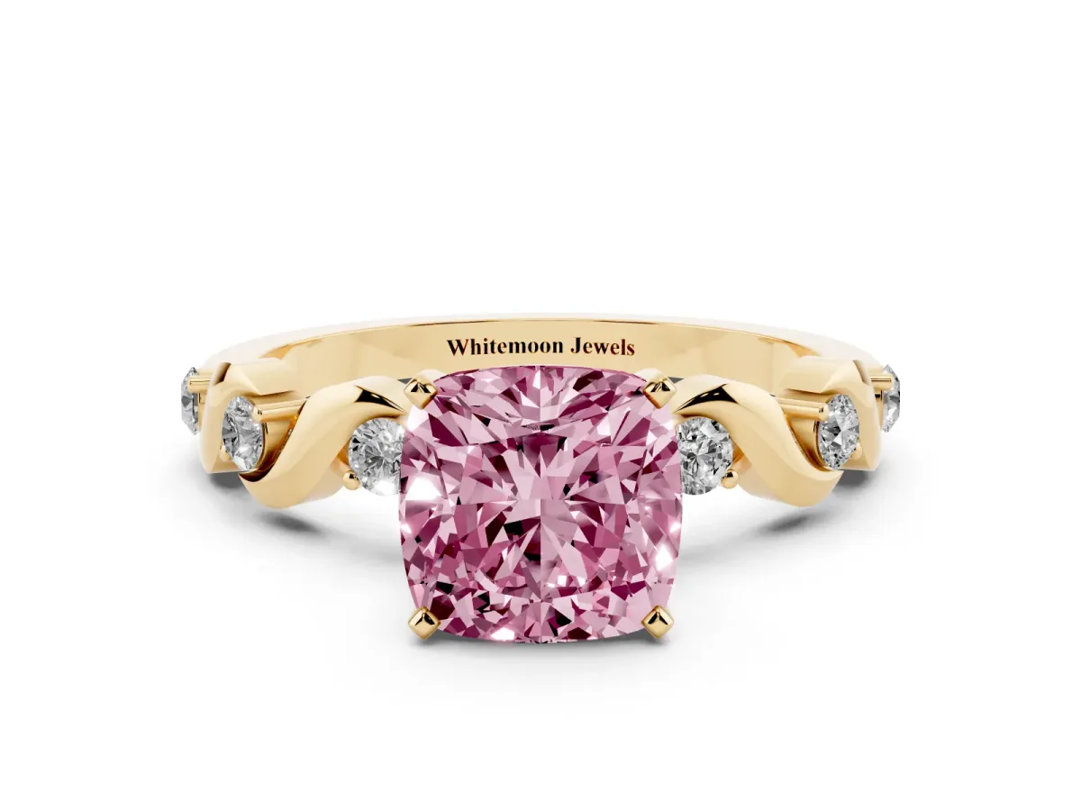 Fancy Pink Cushion Cut Diamond Solitaire Twisted Band with Round Accents and Prong Setting Yellow gold