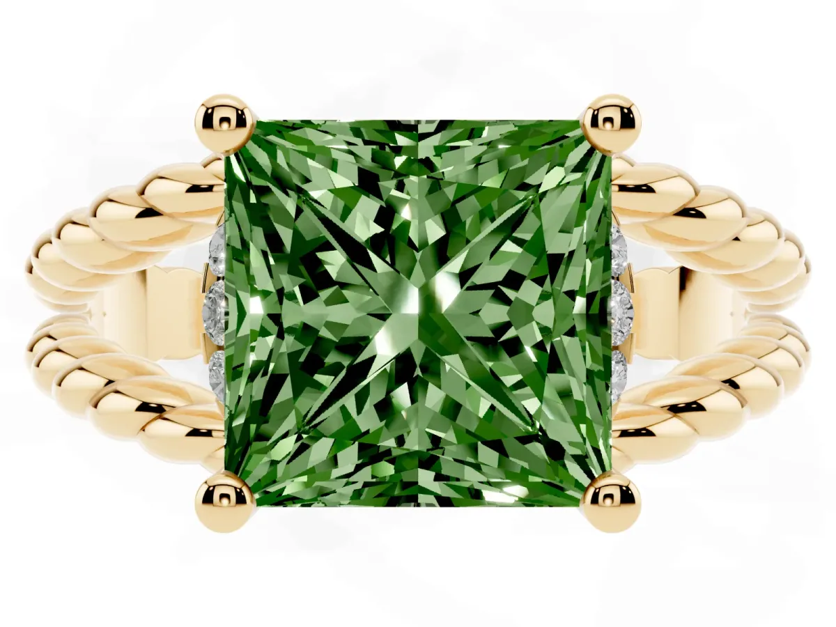 Fancy Green Princess Cut Halo Twisted Band Four-Prong Ring Yellow gold