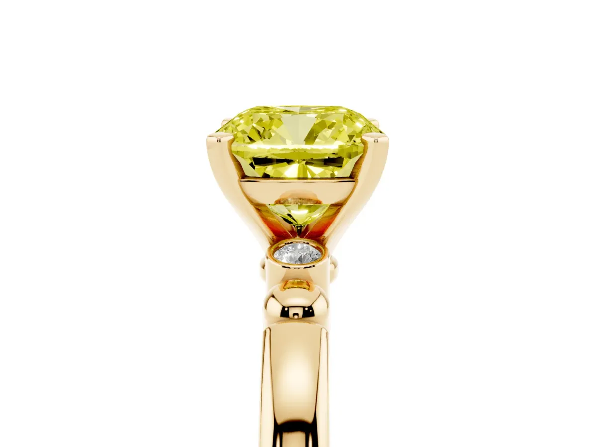 Fancy Yellow Cushion Cut Solitaire Beaded Band with Four-Prong Setting Yellow gold