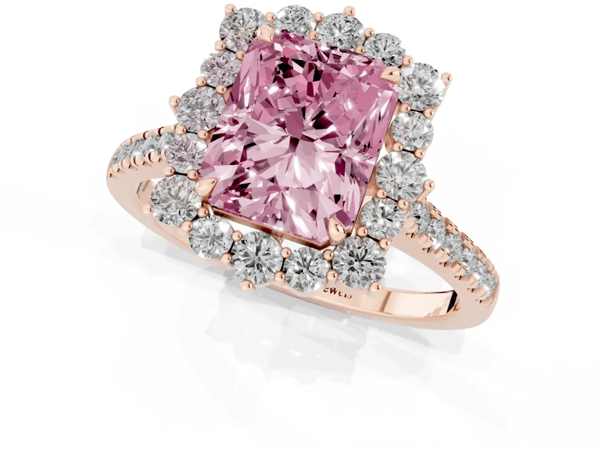 Fancy Pink Radiant Cut Halo Diamond Ring with Pavé Band and Prong Setting Rose gold