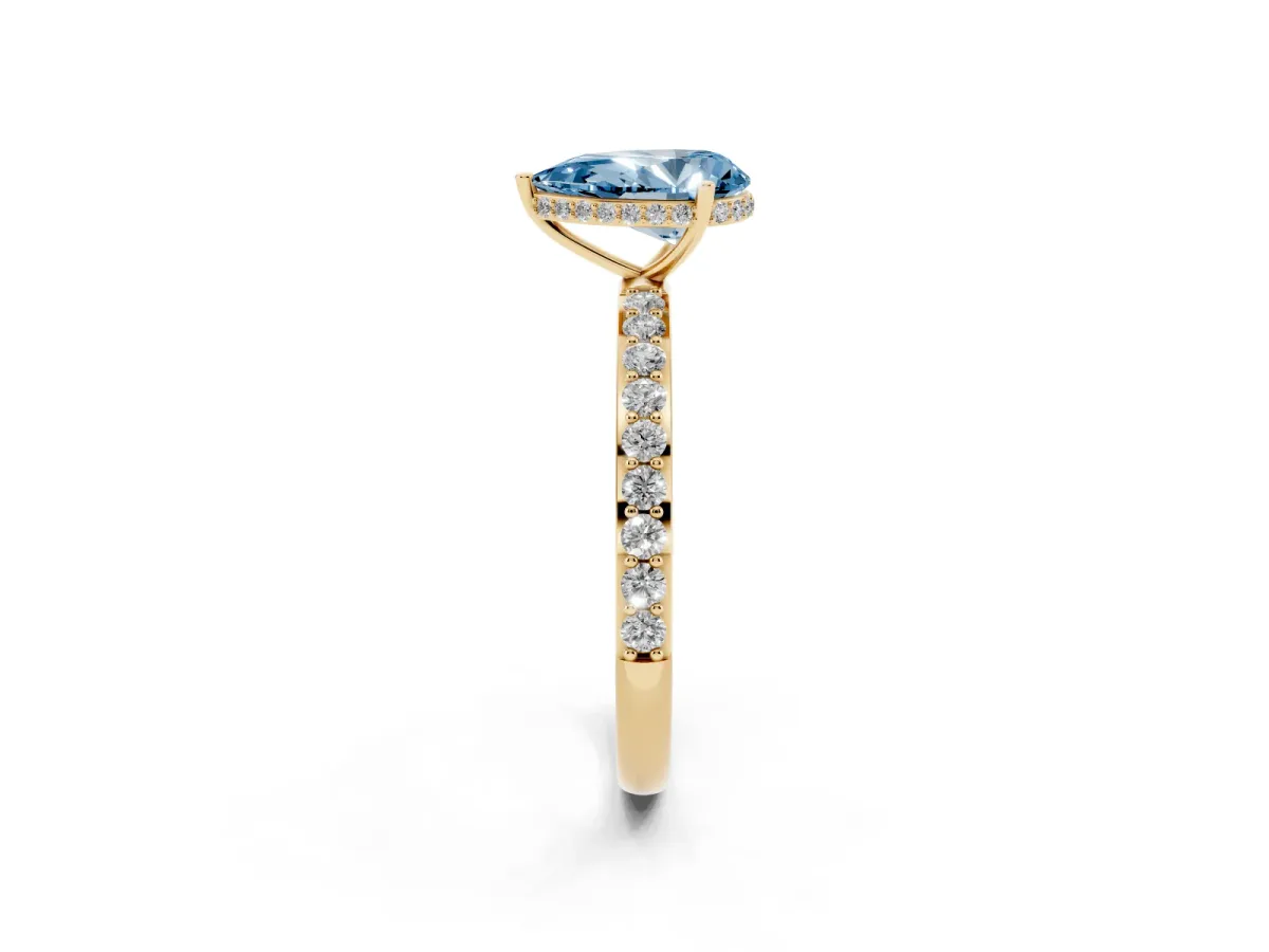 Fancy Blue Pear Cut Diamond Solitaire Ring with Pavé Band and Hidden Halo Yellow gold