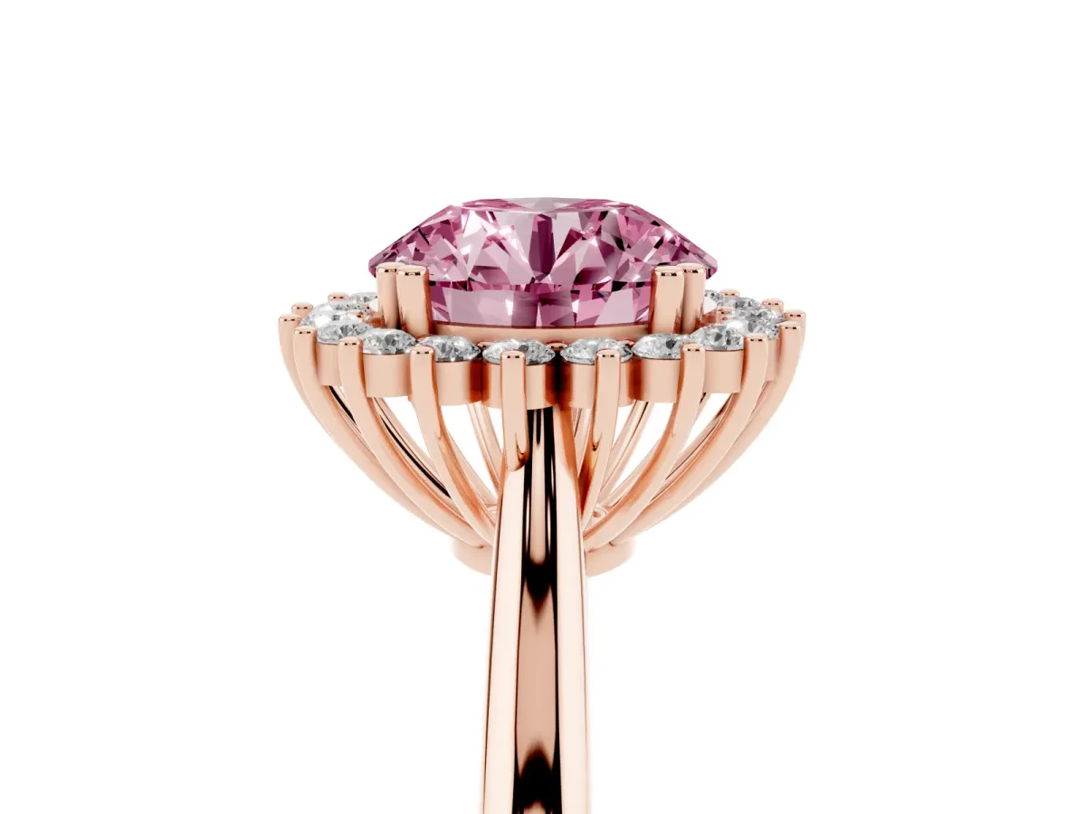 Fancy Pink Round Cut Cut Diamond Halo Ring with Solitaire Band and Prong Setting Rose gold