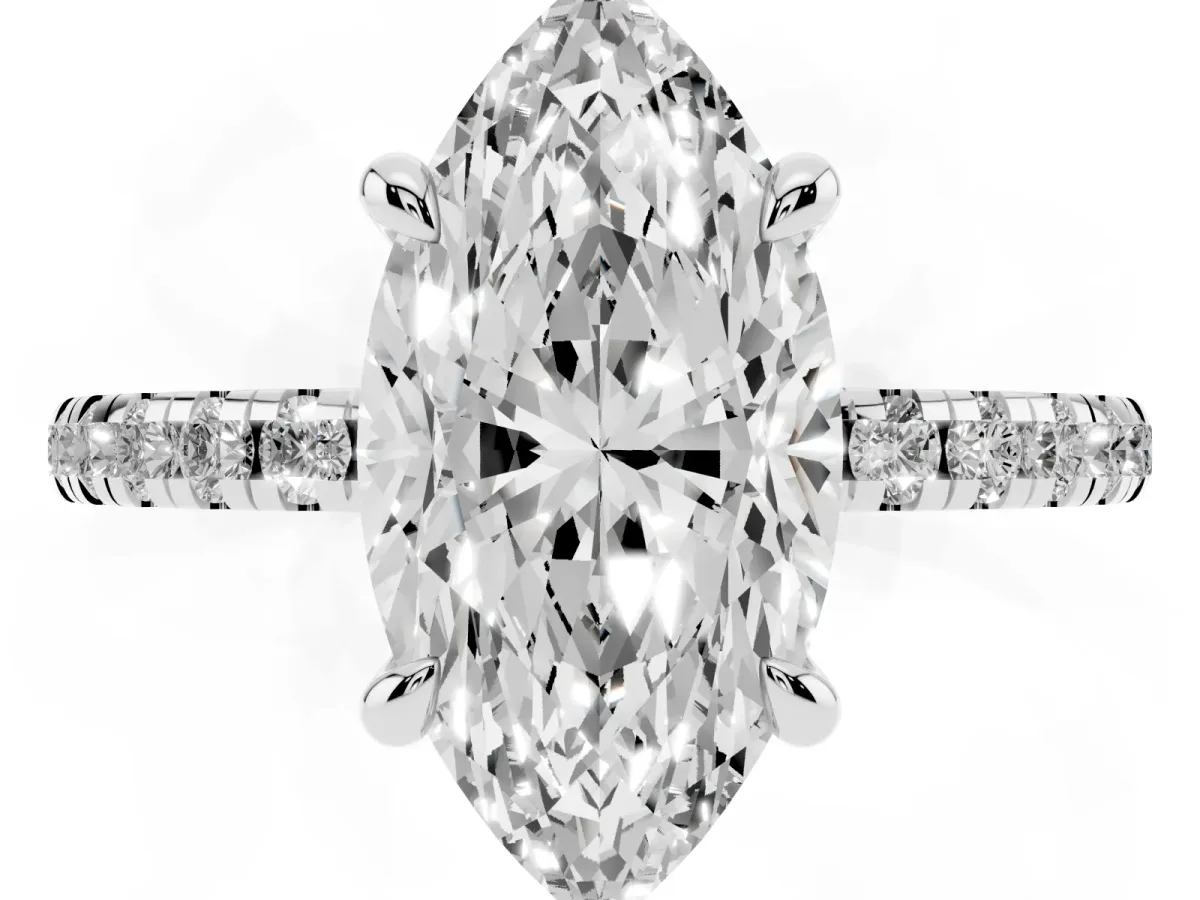 Marquise Cut Diamond Brilliant Solitaire Ring with Pavé Band and Four-Prong Setting Silver