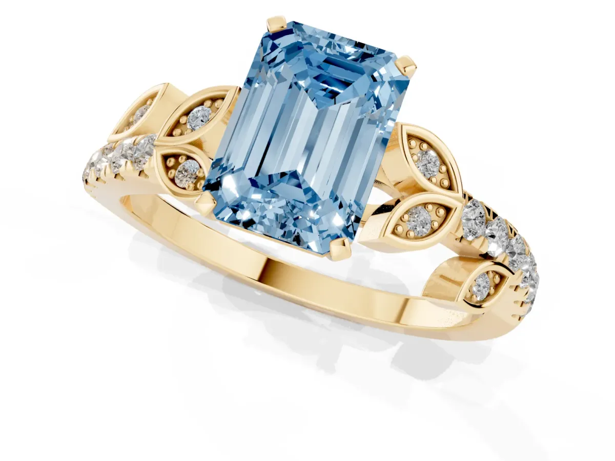 Fancy Blue Emerald Cut Solitaire Leaf-Inspired Diamond Ring with Pavé Band and Four-Prong Setting Yellow gold