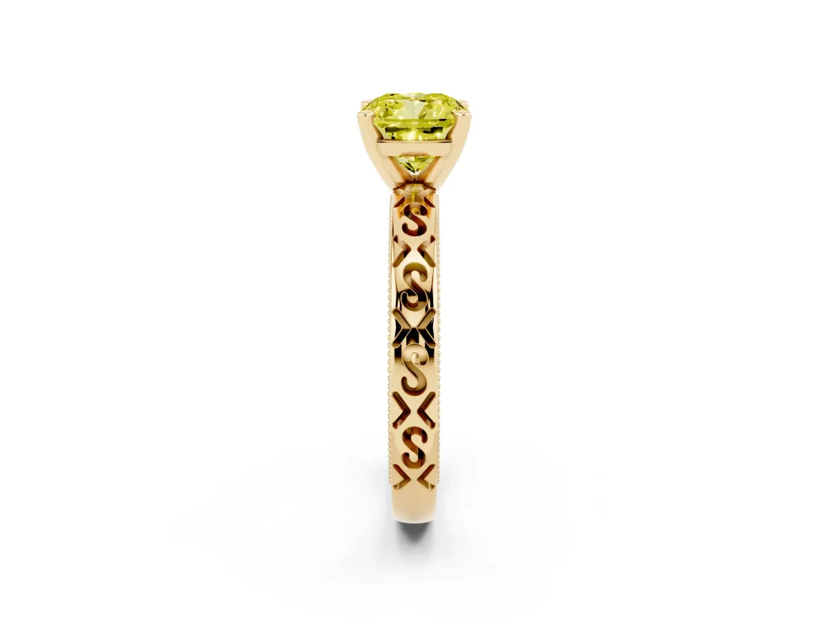 Fancy Yellow Cushion Cut Solitaire Engagement Ring with Scrollwork Band and Four-Prong Setting Yellow gold
