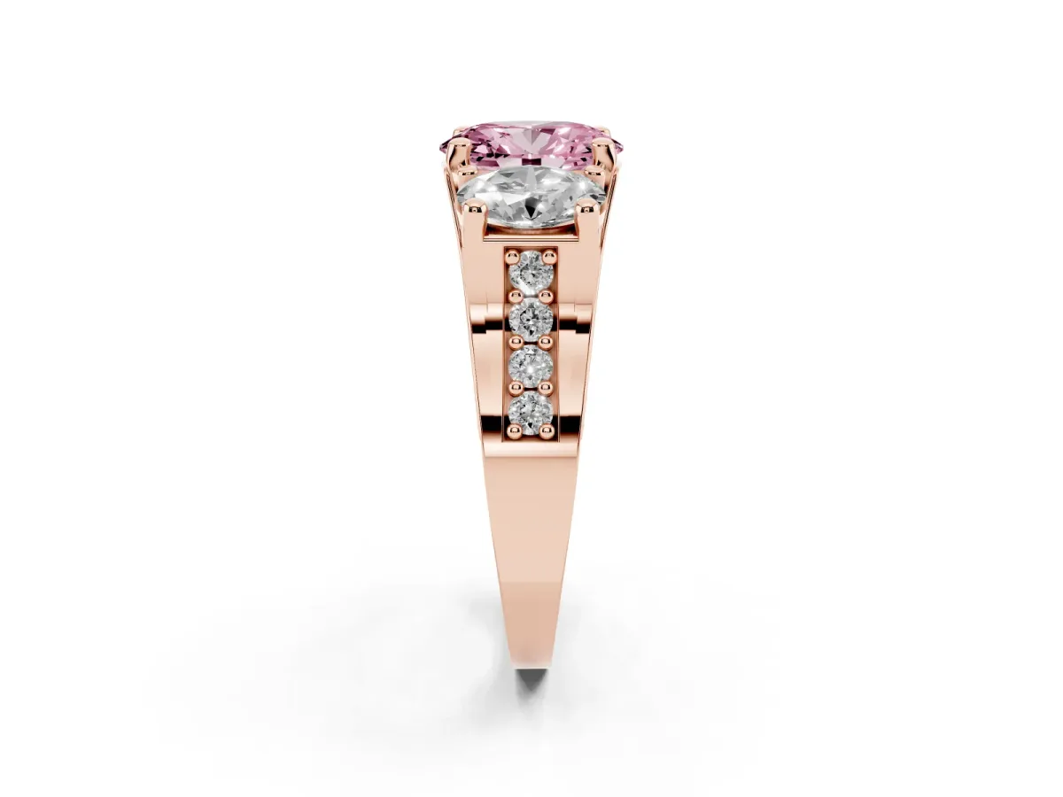 Fancy Pink Oval Cut Diamond Three-Stone Ring with Channel Set Band and Four-Prong Setting Rose gold